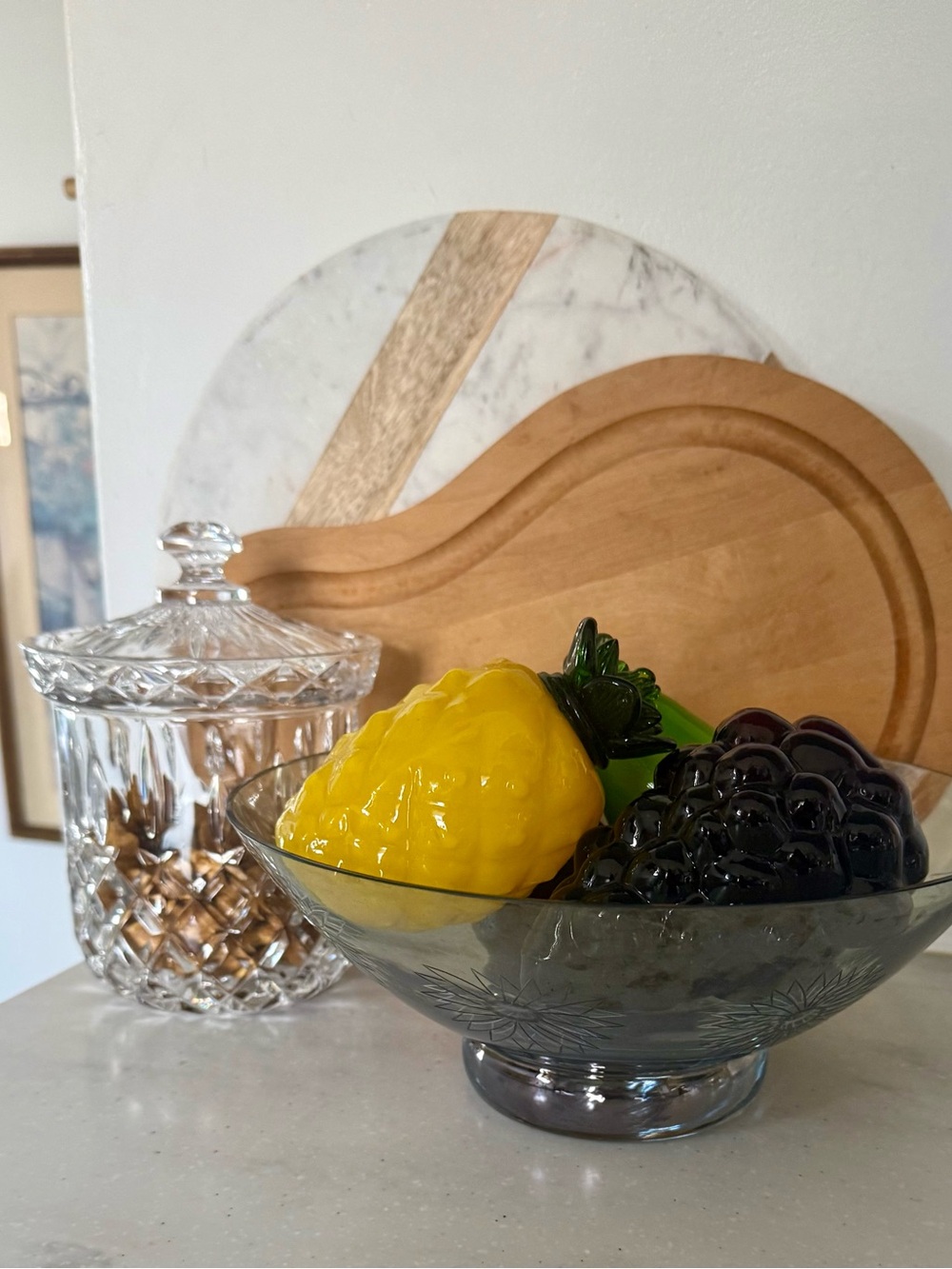 MVintage Etched Sunflower Blue Hue Glass Serving Bowl